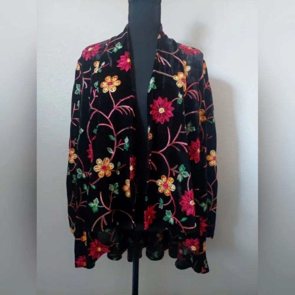 Velvet Floral Embroidered Cardigan Multicolored Open Drapey 1X Whimsical